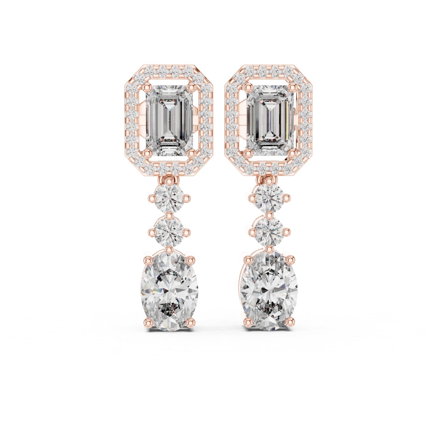 Emerald and Oval Diamond Drop Earrings with Halo Elegance | Luxury Jewelry