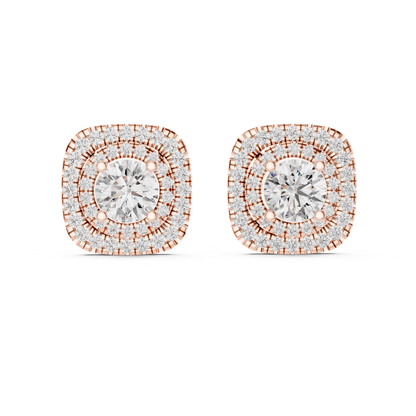 Runde Diamant-Ohrstecker mit doppeltem Halo und Krappenfassung | 18K Gold
