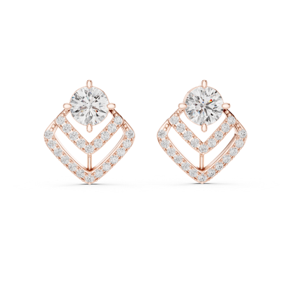 Round Diamond Chevron Halo Stud Earrings | Prong 18K Gold