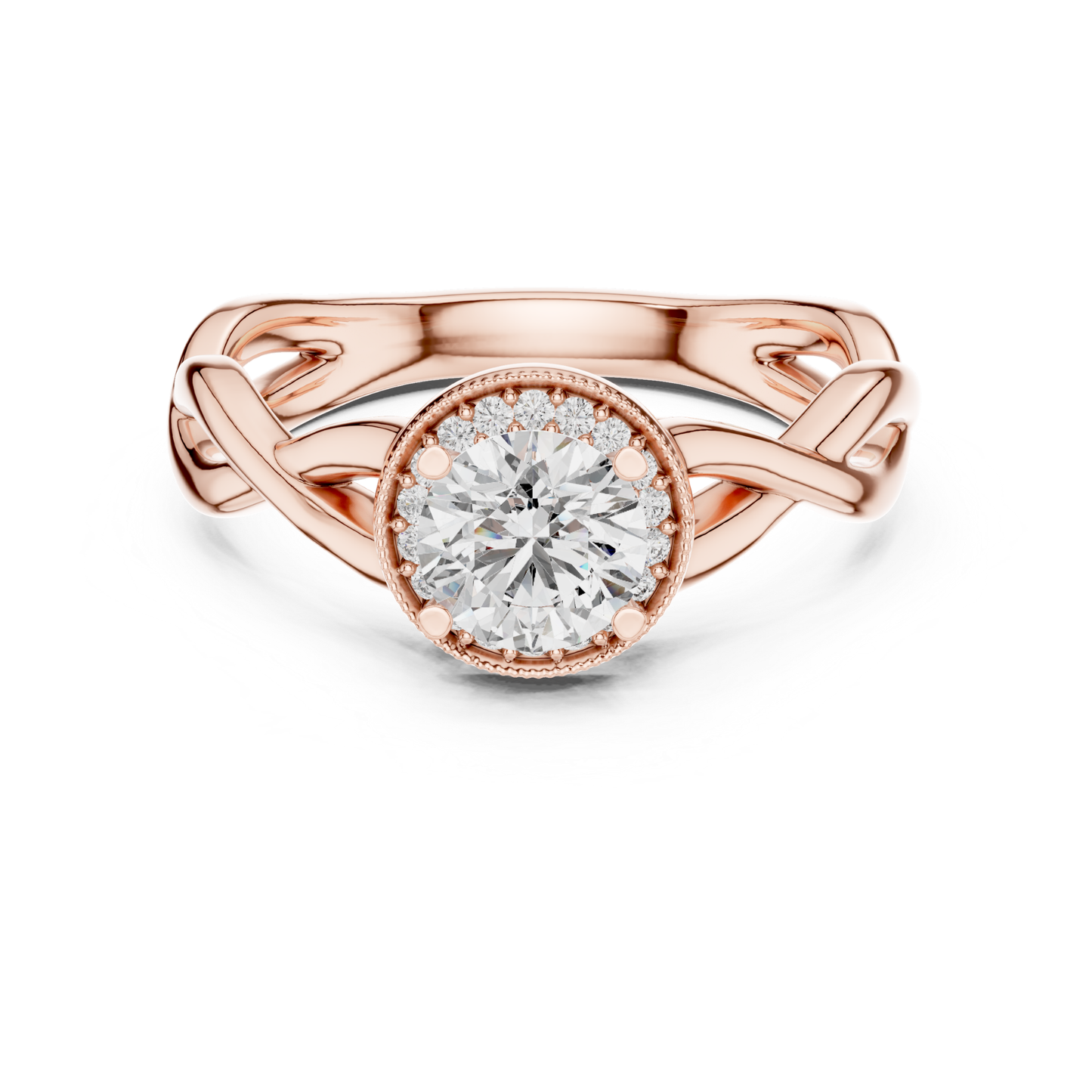 Round Halo Diamond Ring With Twisted Band Design | 18K Gold