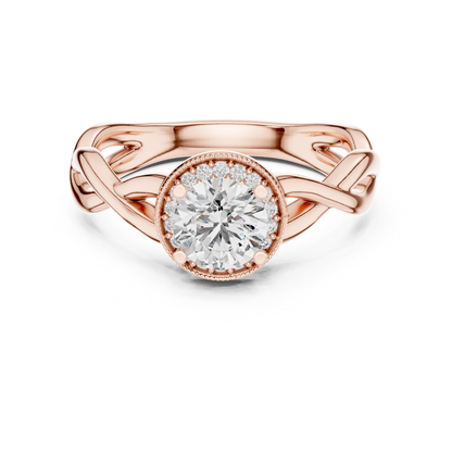 Round Halo Diamond Ring With Twisted Band Design | 18K Gold