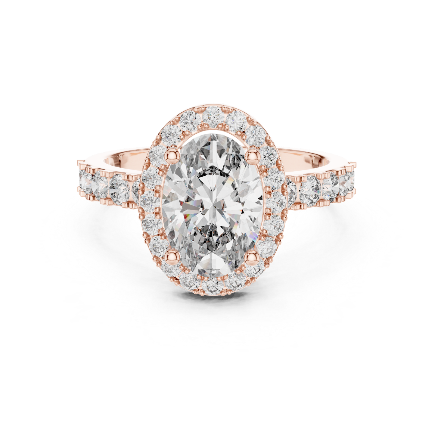 Oval Shape Halo Diamond Ring With Side Round Diamonds | 18K