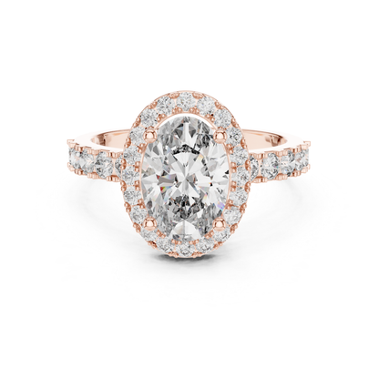Oval Shape Halo Diamond Ring With Side Round Diamonds | 18K