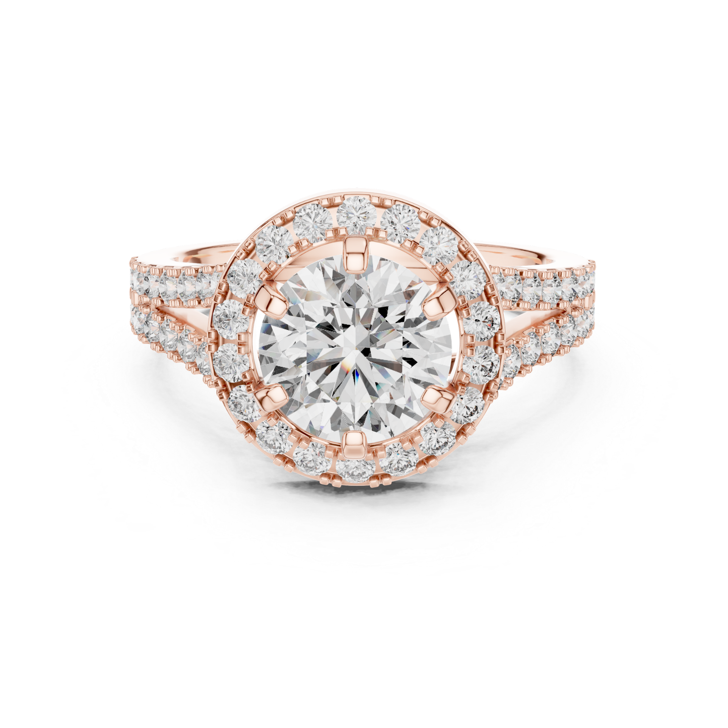 Round Halo Diamond Ring With Double Row Side Diamonds | 18K