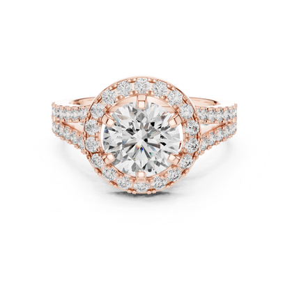 Round Halo Diamond Ring With Double Row Side Diamonds | 18K