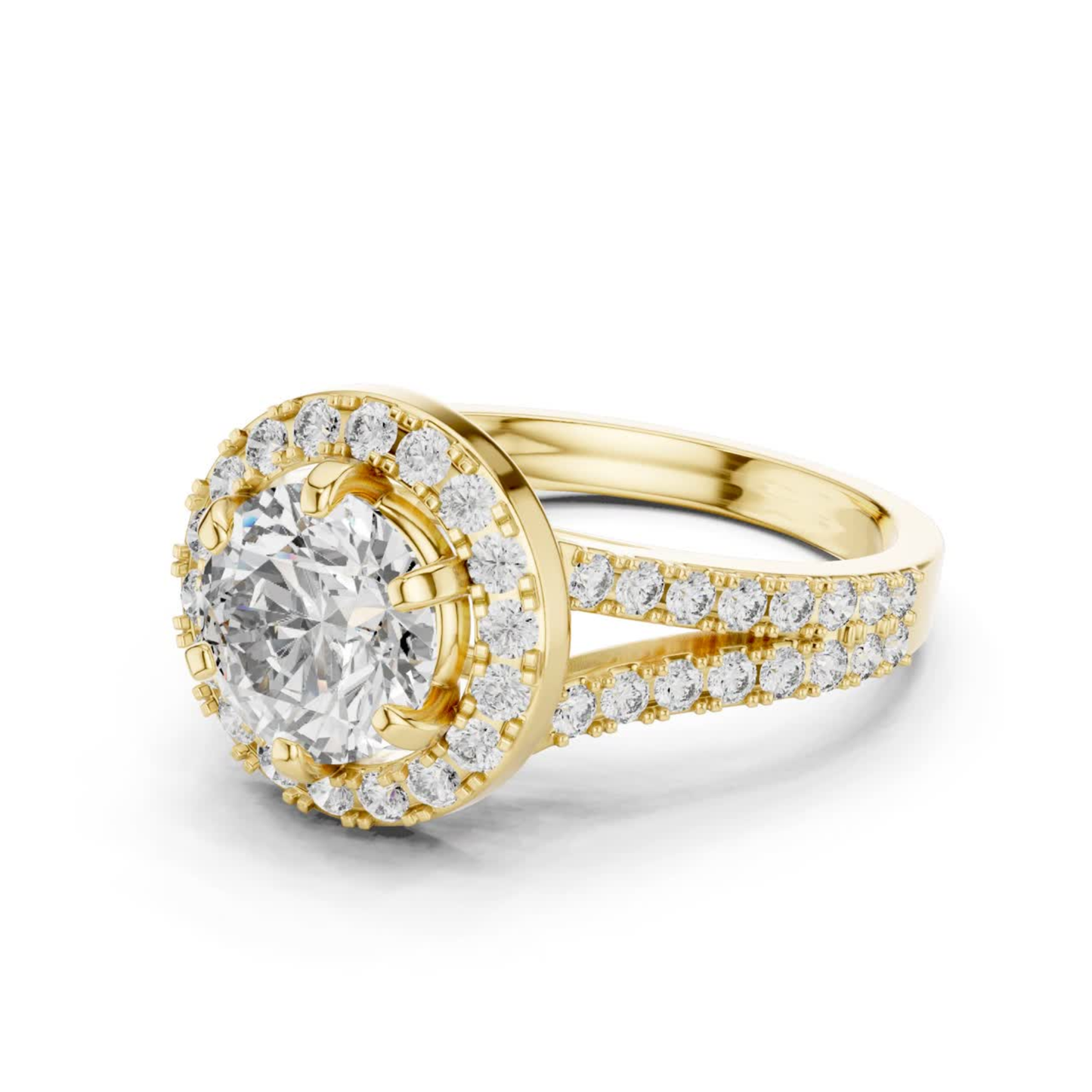 Round Halo Diamond Ring With Double Row Side Diamonds | 18K