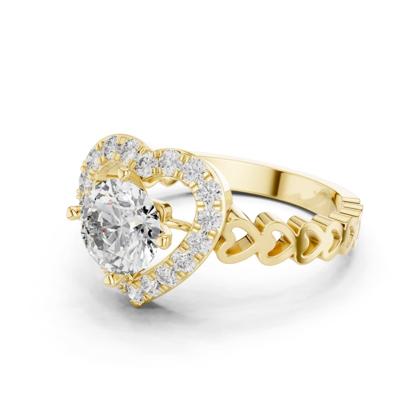 Round Diamond Ring with Heart Inspired Halo Design | Love in Bloom