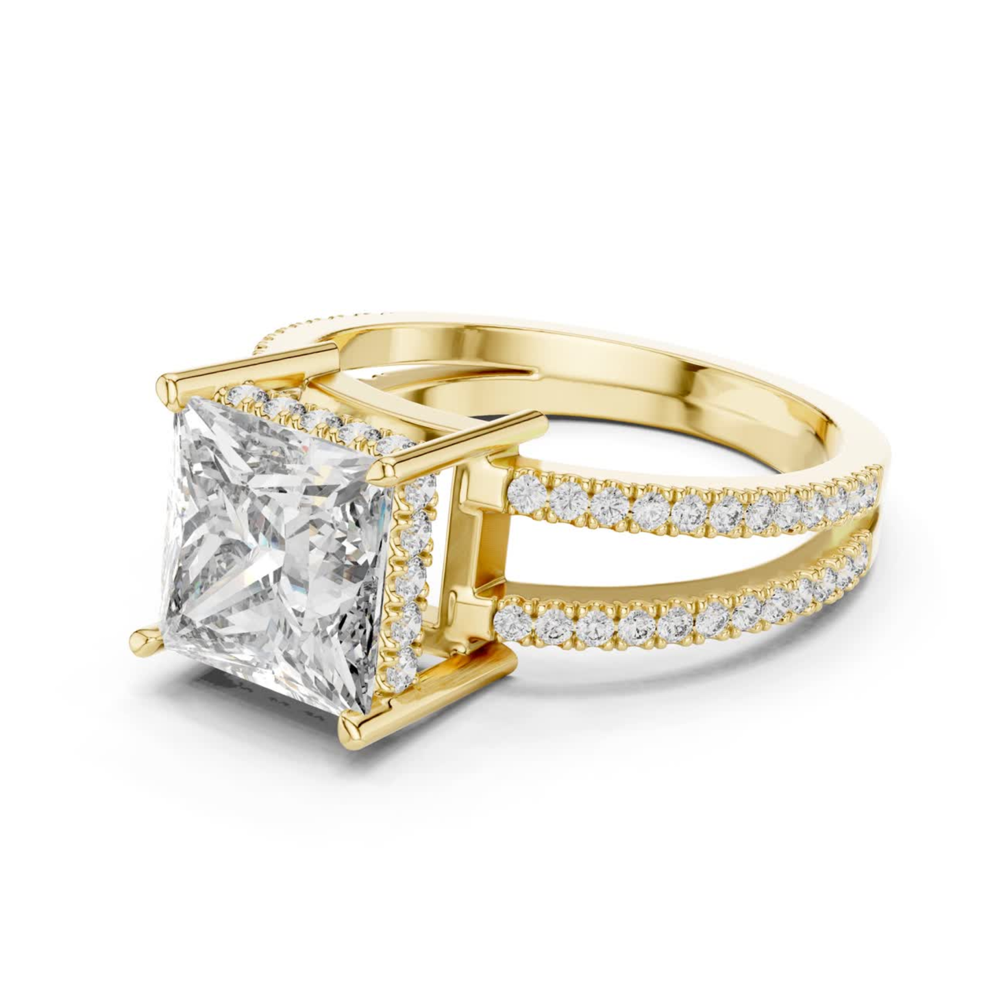 Princess Cut Split Shank Diamond Ring | Luxury Gold Style