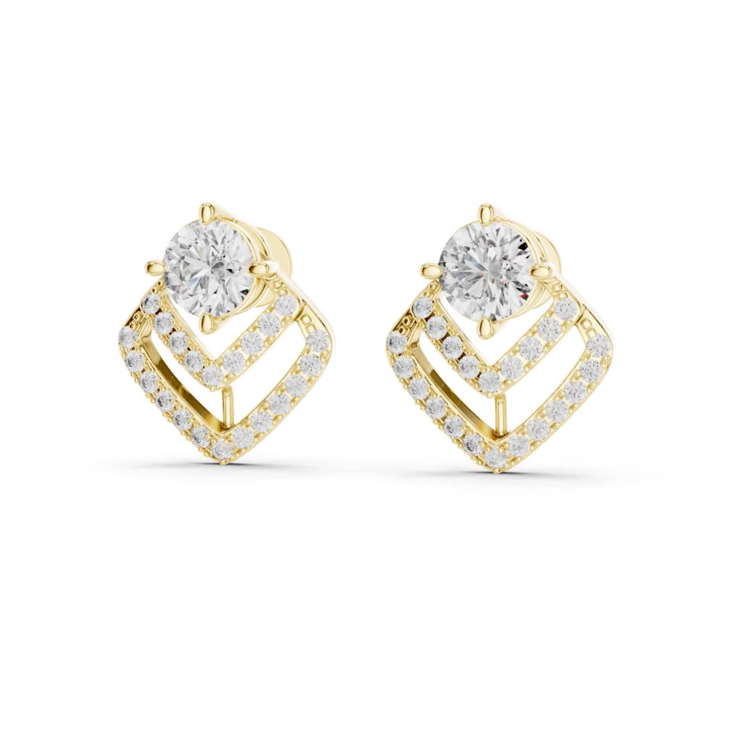 Round Diamond Chevron Halo Stud Earrings | Prong 18K Gold