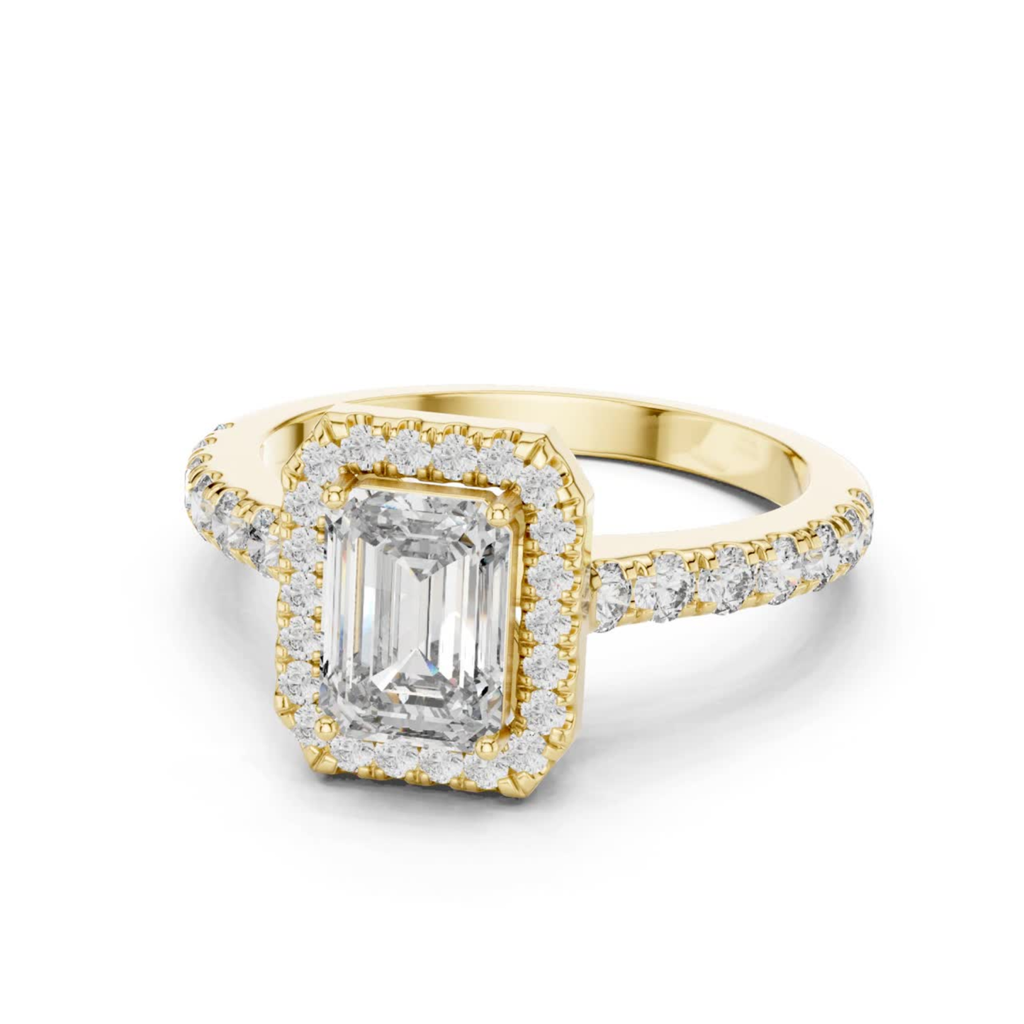 Emerald Cut Diamond Halo Ring with Pave Band | Iced to Perfection
