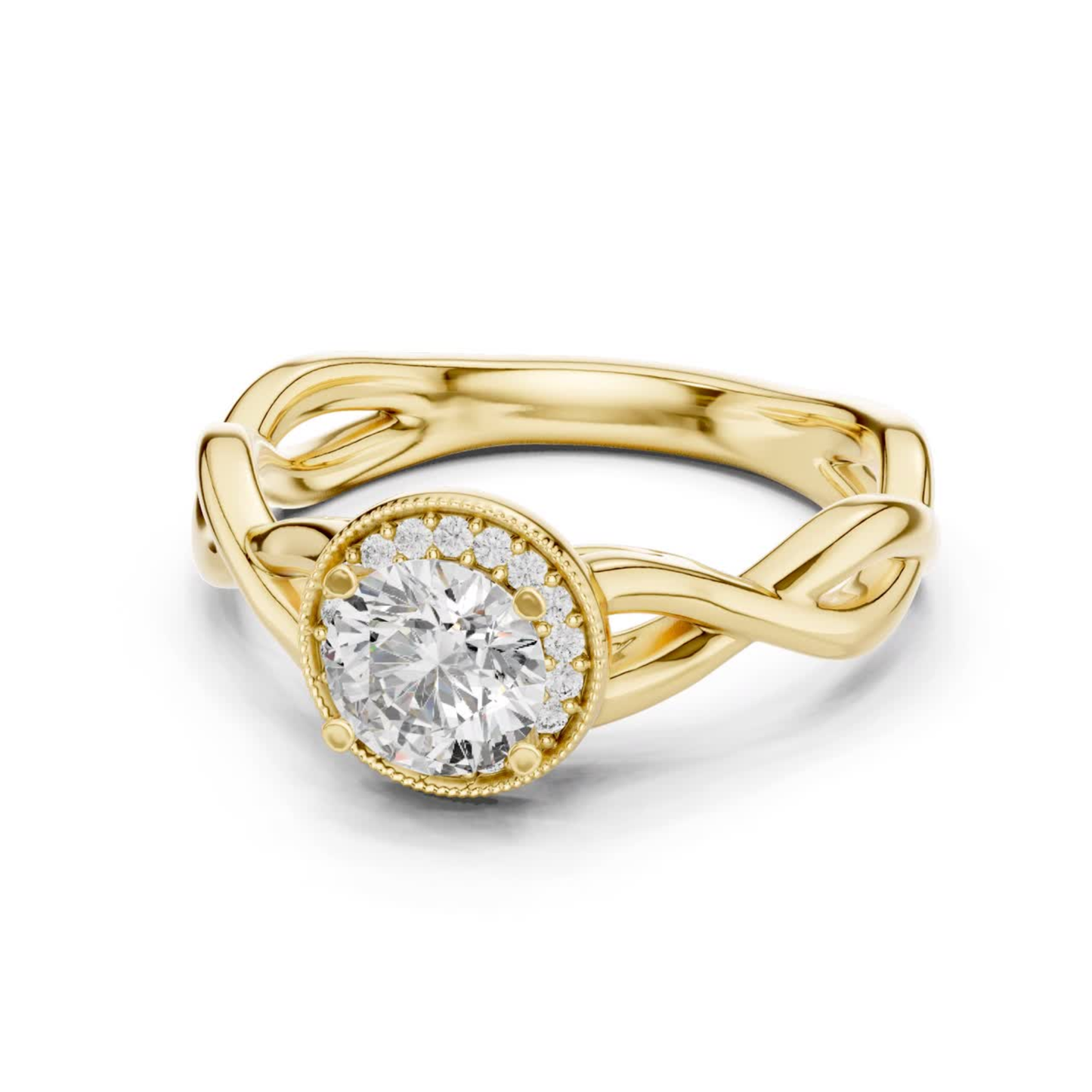 Round Halo Diamond Ring With Twisted Band Design | 18K Gold