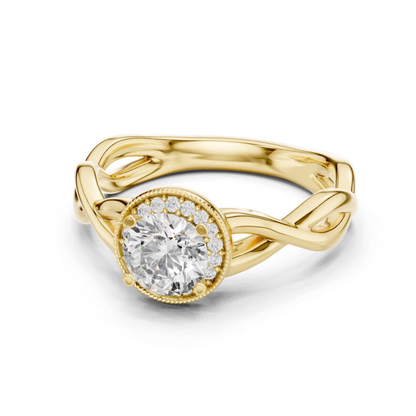 Round Halo Diamond Ring With Twisted Band Design | 18K Gold