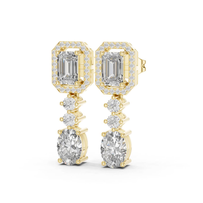 Emerald and Oval Diamond Drop Earrings with Halo Elegance | Luxury Jewelry