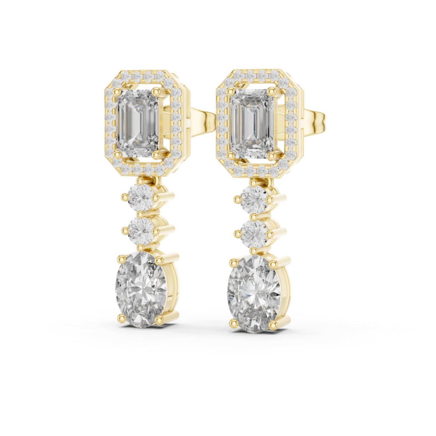 Emerald Cut Halo Drop Diamond Earrings | Luxury Dangle Style