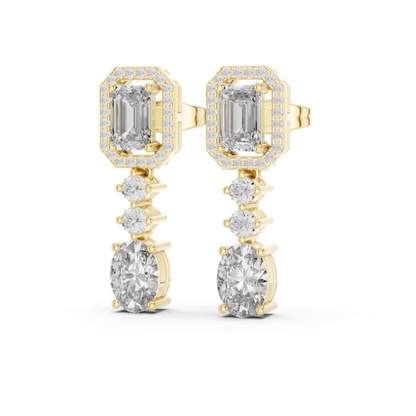 Emerald Cut Halo Drop Diamond Earrings | Luxury Dangle Style