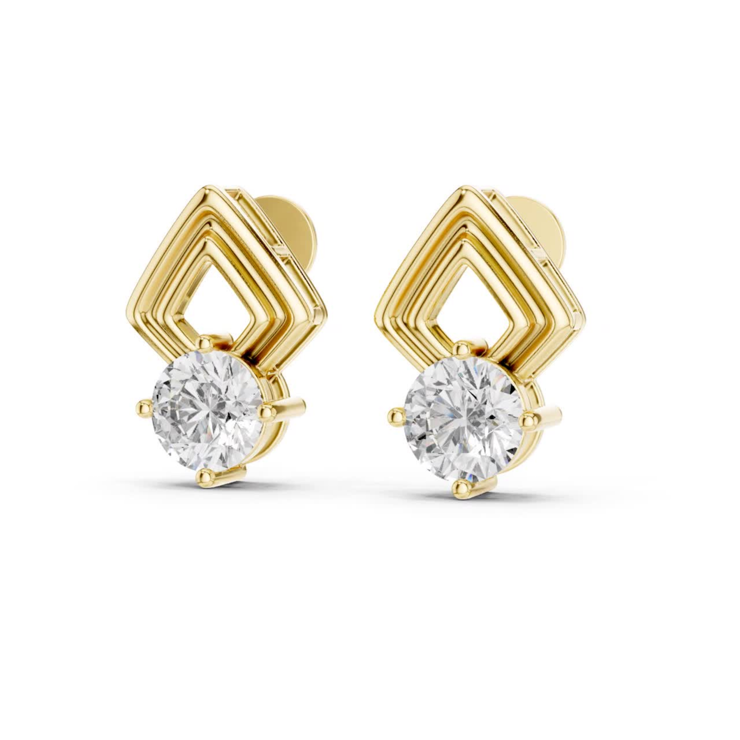 Round Diamond Geometric Stud Earrings | Prong Set 18K Gold