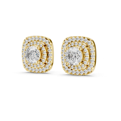 Runde Diamant-Ohrstecker mit doppeltem Halo und Krappenfassung | 18K Gold