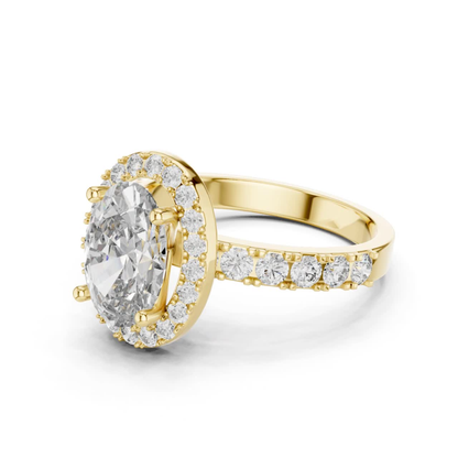 Oval Shape Halo Diamond Ring With Side Round Diamonds | 18K