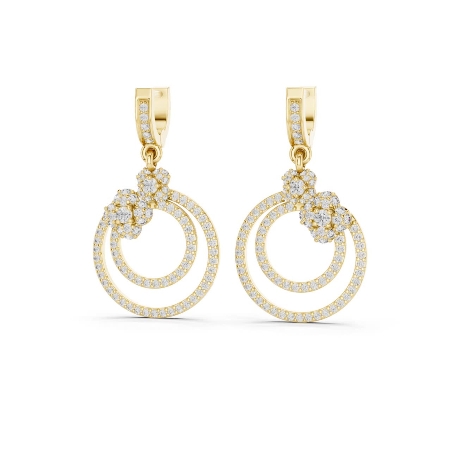 Double Circle Diamond Drop Earrings with Floral Accent | Modern Luxury