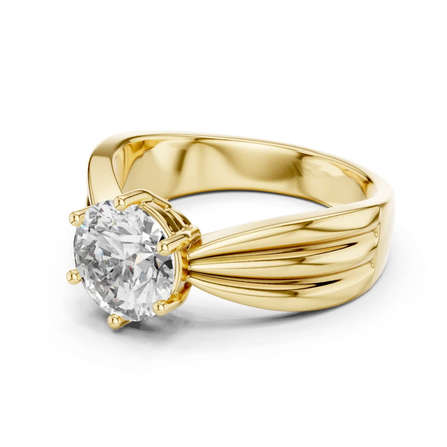 Round Cut Diamond Ring with Layered Band Design | 18K Gold