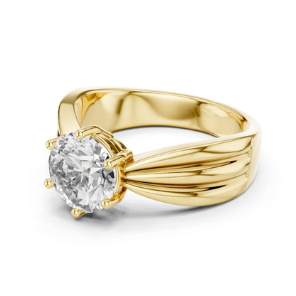 Round Cut Diamond Ring with Layered Band Design | 18K Gold