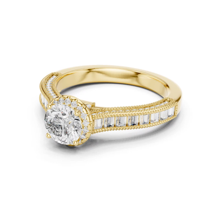 Round Diamond Ring With Baguette Side Stones Band | 18K Gold