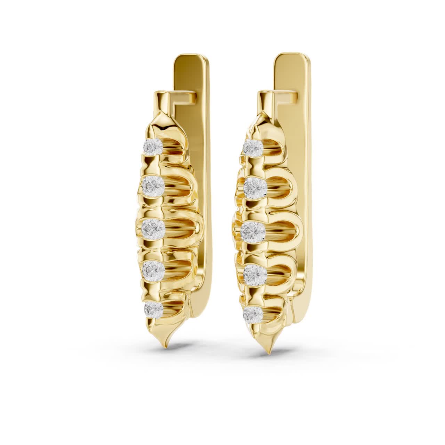 Ribbed Diamond Hoop Earrings with Round Brilliance | Modern Gold Elegance