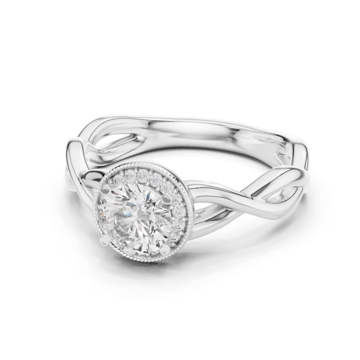 Round Halo Diamond Ring With Twisted Band Design | 18K Gold