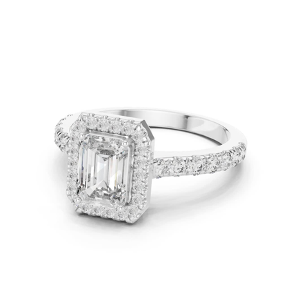 Emerald Cut Diamond Halo Ring with Pave Band | Iced to Perfection