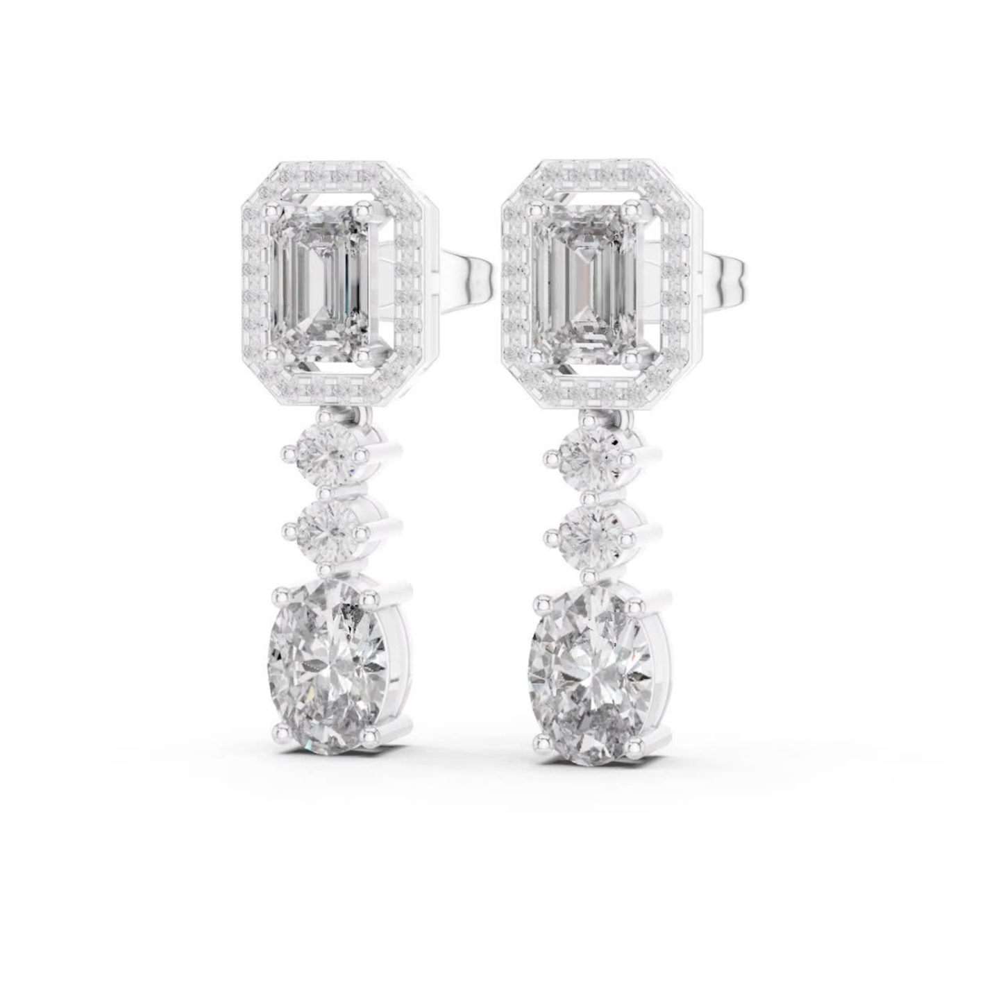 Emerald Cut Halo Drop Diamond Earrings | Luxury Dangle Style