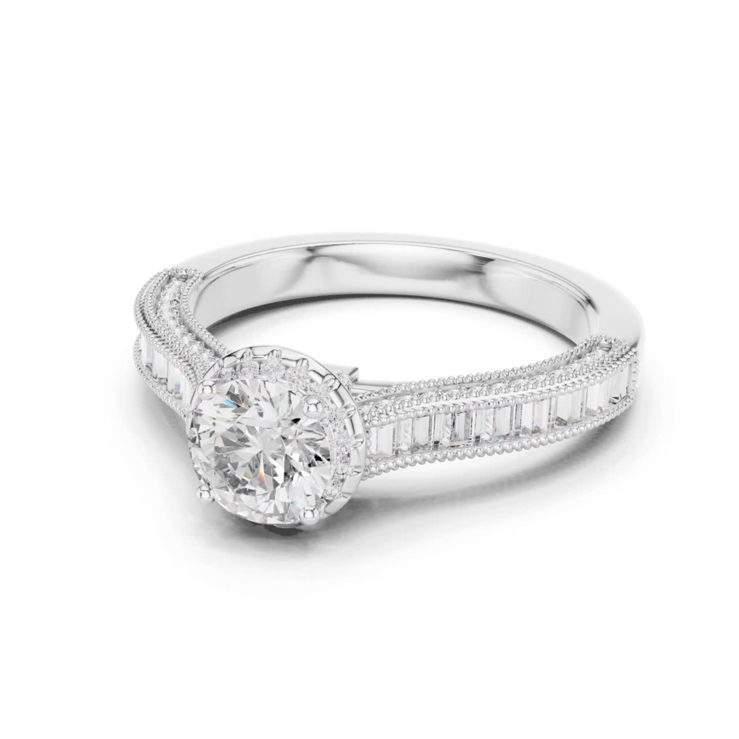 Round Diamond Ring With Baguette Side Stones Band | 18K Gold