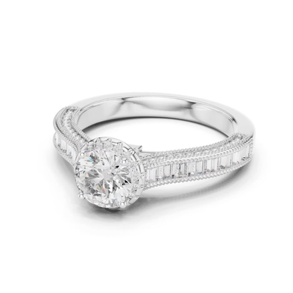 Round Diamond Ring With Baguette Side Stones Band | 18K Gold