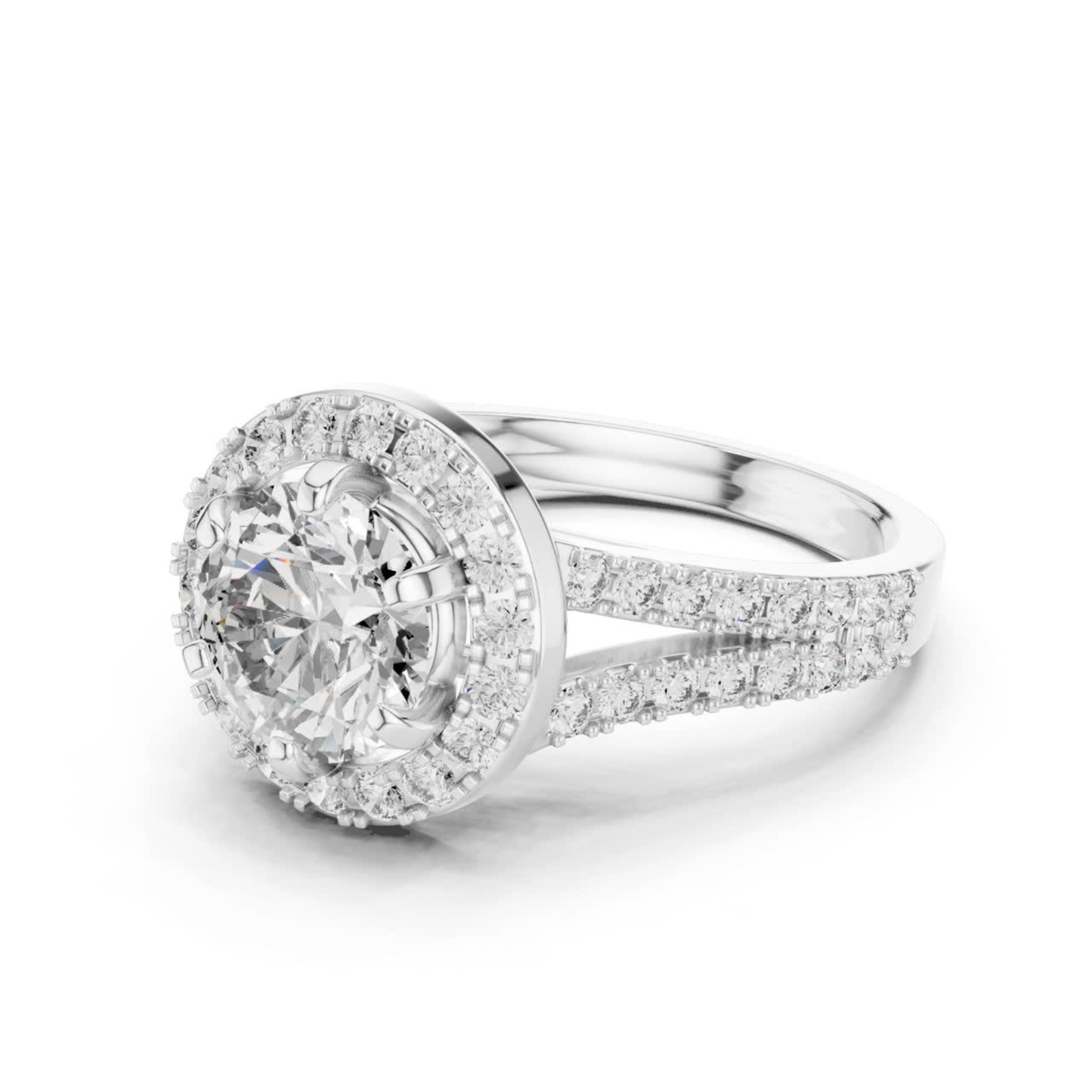 Round Halo Diamond Ring With Double Row Side Diamonds | 18K
