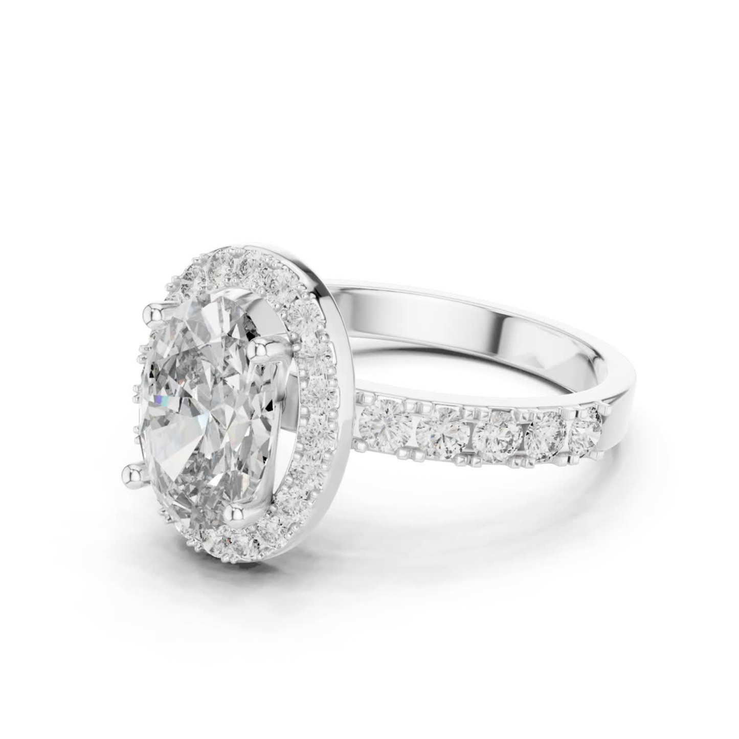 Oval Shape Halo Diamond Ring With Side Round Diamonds | 18K
