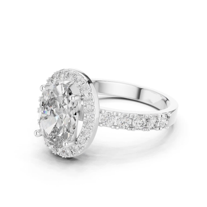 Oval Shape Halo Diamond Ring With Side Round Diamonds | 18K