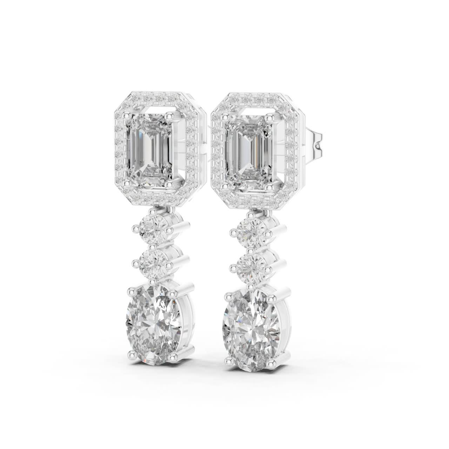Emerald and Oval Diamond Drop Earrings with Halo Elegance | Luxury Jewelry