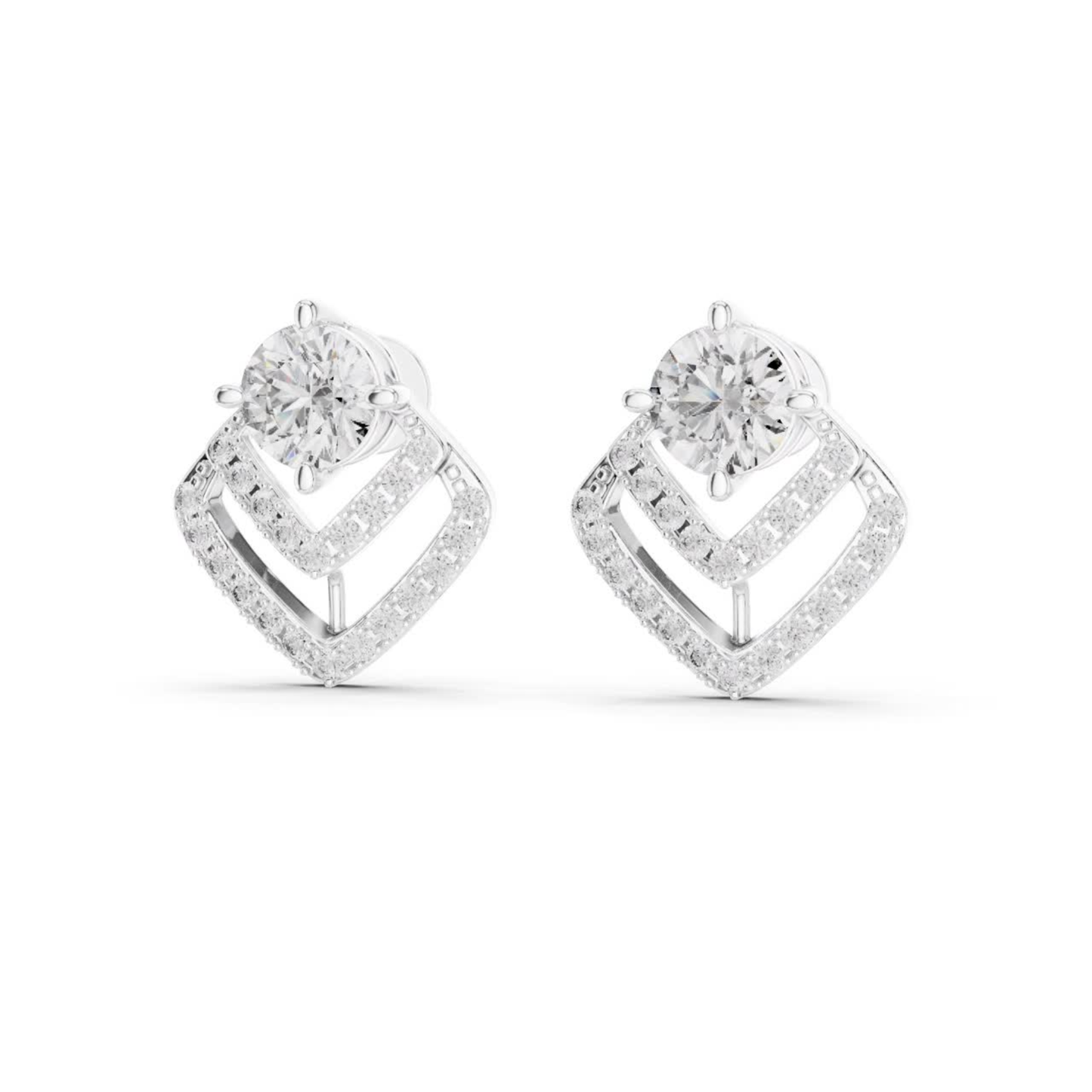 Round Diamond Chevron Halo Stud Earrings | Prong 18K Gold