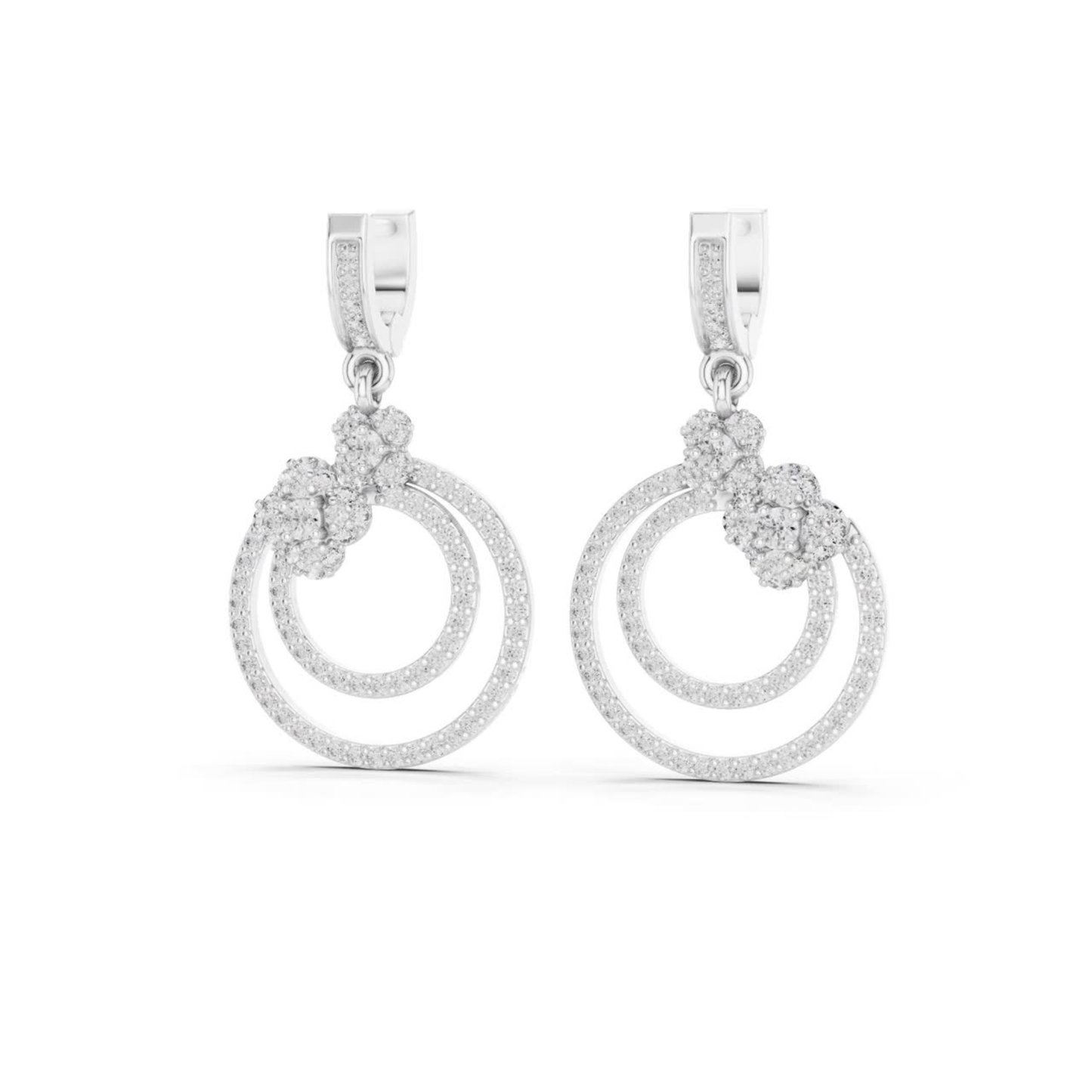 Double Circle Diamond Drop Earrings with Floral Accent | Modern Luxury