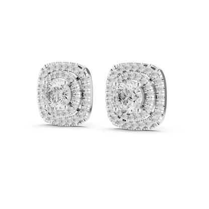 Runde Diamant-Ohrstecker mit doppeltem Halo und Krappenfassung | 18K Gold