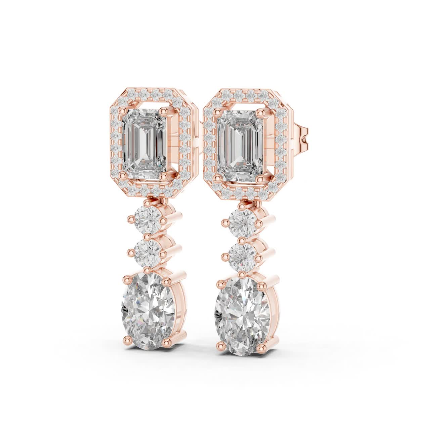 Emerald and Oval Diamond Drop Earrings with Halo Elegance | Luxury Jewelry