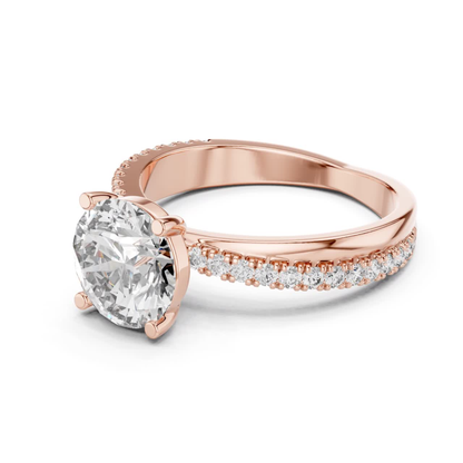 Round Brilliant Solitaire Diamond Ring with Pave Band | Timeless Luxury