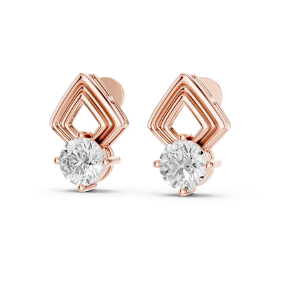 Round Diamond Geometric Stud Earrings | Prong Set 18K Gold
