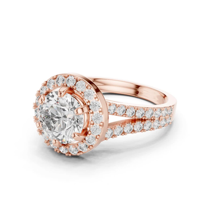 Round Halo Diamond Ring With Double Row Side Diamonds | 18K