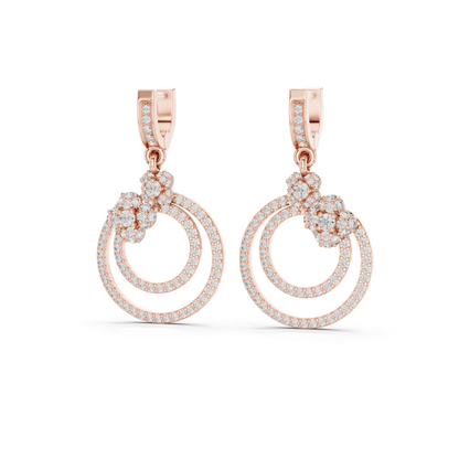 Double Circle Diamond Drop Earrings with Floral Accent | Modern Luxury