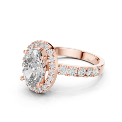 Oval Shape Halo Diamond Ring With Side Round Diamonds | 18K