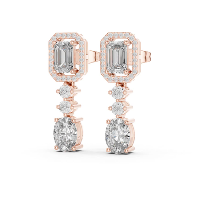 Emerald Cut Halo Drop Diamond Earrings | Luxury Dangle Style