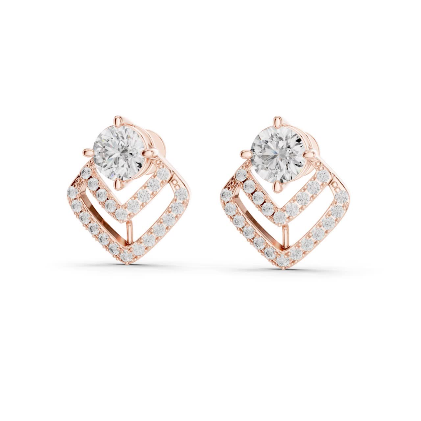 Round Diamond Chevron Halo Stud Earrings | Prong 18K Gold
