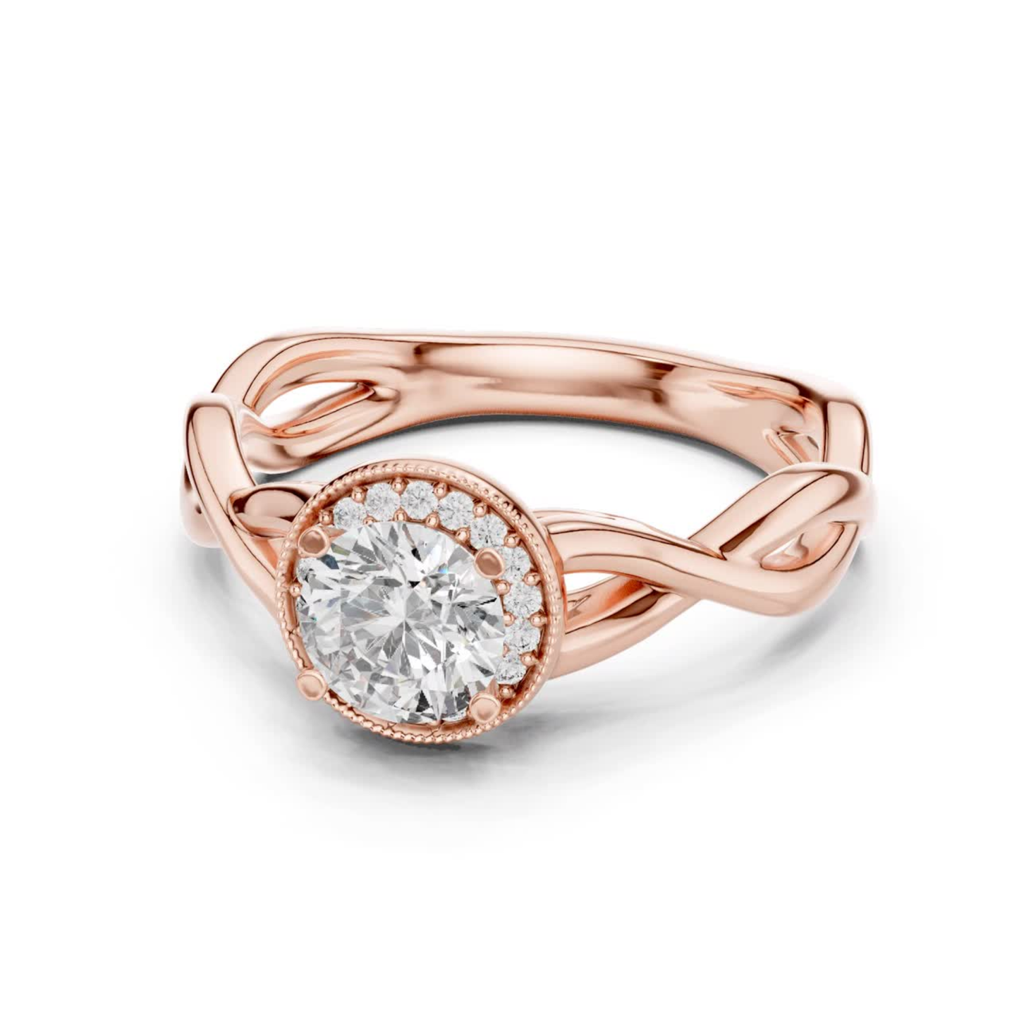 Round Halo Diamond Ring With Twisted Band Design | 18K Gold