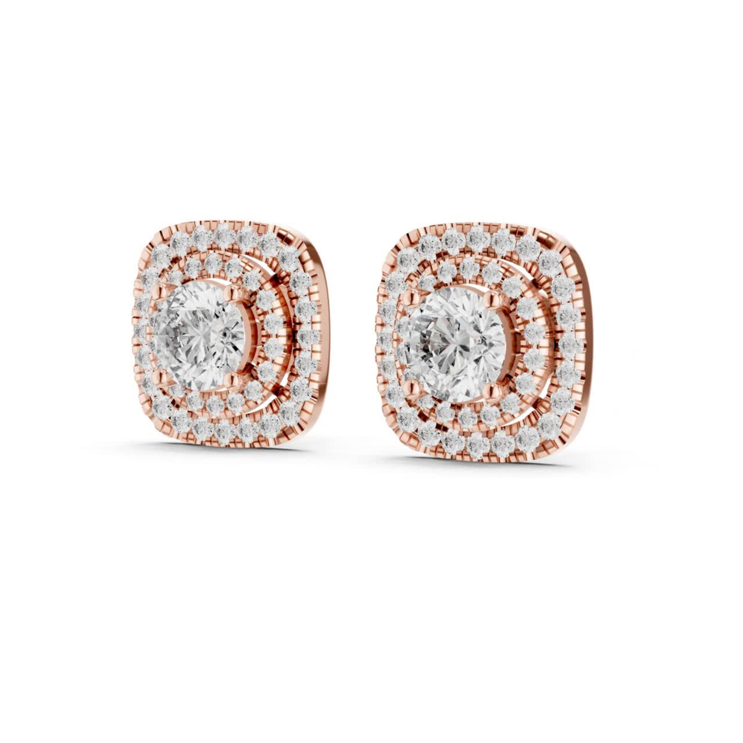 Runde Diamant-Ohrstecker mit doppeltem Halo und Krappenfassung | 18K Gold