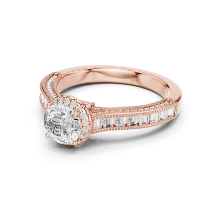 Round Diamond Ring With Baguette Side Stones Band | 18K Gold